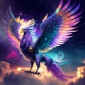 Illustration of a fantasy eagle in the night sky with clouds. AI Generated