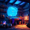 Illustration of a fantasy fairytale room with a magic potion cabinet generative AI