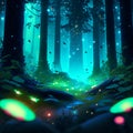 Illustration of a fantasy forest full of green trees with neon lights AI Generated