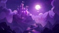 An illustration of a fantasy fortress or medieval architecture at night, a turreted castle on a mountain under a purple