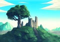 illustration of fantasy-inspired castle amidst rugged rocky mountains, a majestic landscape, and a towering tree