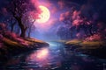 Illustration of a fantasy landscape with a river and a full moon, tranquil river flowing under the radiant moonlight during a