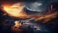 An Illustration of fantasy landscape of water falls, mountains and river in twilight, AI-Generated image Royalty Free Stock Photo