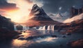 Illustration of fantasy landscape of water falls, mountains and river in twilight, AI-Generated Royalty Free Stock Photo