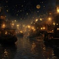 Fantasy night scene with old town in a fog,