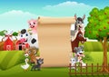 Farm animals with a blank sign roll up