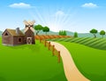 Farm landscape with shed and red windmill on morning Royalty Free Stock Photo
