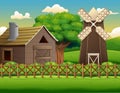 Farm landscape with shed and windmill Royalty Free Stock Photo