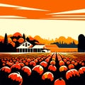 Illustration of a farm in the middle of a field full of pumpkins AI generated