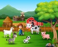 Farm scenes with different animals and farmers in the farmyard Royalty Free Stock Photo