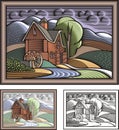 Countrylife and Farming Vector Illustration in Woodcut Style