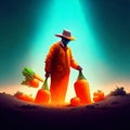 Illustration of a farmer harvesting carrots in the field at night. AI Generated