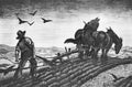 Illustration of farmer ploughing in England