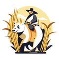 Illustration of a farmer riding a white panda on a wheat field Generative AI