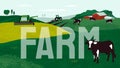 Illustration of farming landscape with title Farm