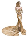 Fashion Model in a Gold Long Evening Gown