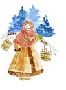 Illustration fashion sketching a portrait of a girl in the Russian national costume carrying buckets