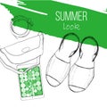 Illustration of Fashion summer flat lay with sandal, woman bag, belt and tablet. Drawing, sketch design for blogger