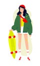 Illustration of a fashionable girl with a longboard. Vector. Brunette in a green jacket and a red cap. Casual image. Cartoon style