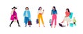 Illustration of fashionable girls in bright clothes. Vector. Women go about their business. Casual style of dress. Flat style. Ima