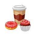 Illustration with fast food meal. Coffee, muffin and donut.
