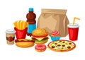 Illustration with fast food meal. Tasty fastfood lunch products.