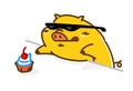 Illustration of a fat cute pig in sunglasses. Vector. Flat style. The pig is trying to steal the cake. Character for the candy