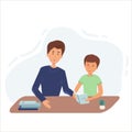 Illustration of a father praising her son after he finished his homework. Lesson with mom or tutor. flat. vector