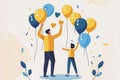 Illustration of father and son celebrating in blue and gold colors, happy family bonding time
