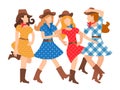 Illustration of a featured young girl dancing country style flat style. Beautiful and cheerful women dance in American tradition.