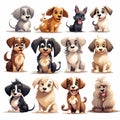 2D illustration: different cute dogs on a white background Royalty Free Stock Photo