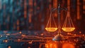 Illustration features balance scale set against binary code background. Tech concept justice system tech in legal system, ethics. Royalty Free Stock Photo