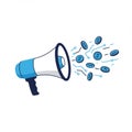 Illustration features a blue and white megaphone with coins and binary digits Royalty Free Stock Photo