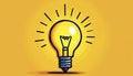 Illustration features cartoon lightbulb icon with yellow glow on yellow background. Design represents bright idea, creative Royalty Free Stock Photo