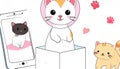 An illustration features a cute cartoon cat inside a box on a ph Royalty Free Stock Photo