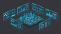 Illustration features a 3D cityscape model surrounded by multiple holog Royalty Free Stock Photo