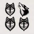 Illustration Features Four Stylized Wolf Heads in Black, Gray, and White Color Scheme. Royalty Free Stock Photo