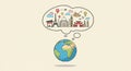 Illustration features a globe with a thought bubble containing famous landmarks. Royalty Free Stock Photo