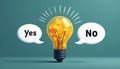 An illustration features a light bulb with glowing light and filled with creative ideas. Speech bubbles offer choices Yes or No. Royalty Free Stock Photo