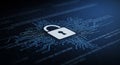 An illustration features an open padlock at the center, symbolizing cybersecurity
