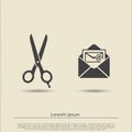 Illustration features a pair of black scissors and an open envelope with an email Royalty Free Stock Photo