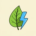 Illustration features a simple green leaf with visible veins next to a blue lightning bolt. Royalty Free Stock Photo