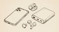 Illustration features a smartphone, wireless earbuds with an open charging case, and a Royalty Free Stock Photo