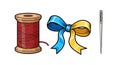 Sewing notions featuring spool of thread, ribbon, and a needle. Royalty Free Stock Photo