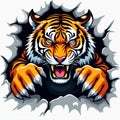Illustration features tiger breaking through surface with fierce expression. Animal shows sharp claws, teeth. Dynamic artwork Royalty Free Stock Photo