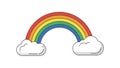 Colorful rainbow arching over two fluffy white clouds on a clear day with minimalistic line art style illustration Royalty Free Stock Photo