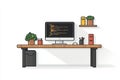 Modern desk setup with computer, plants, and coding interface illustration Royalty Free Stock Photo