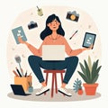 Illustration features woman surrounded by creative tools and gadgets. She holds tablet notebook with a laptop on her lap. Various Royalty Free Stock Photo