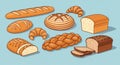 Illustration featuring an assortment of bread types on a light blue background Royalty Free Stock Photo