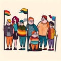 Illustration, group of people with LGBT flags